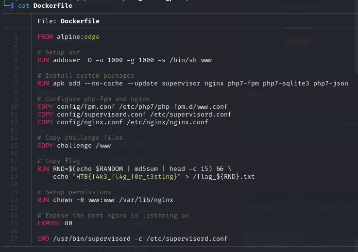 Dockerfile que revela la creación de la flag y su nombre aleatorio