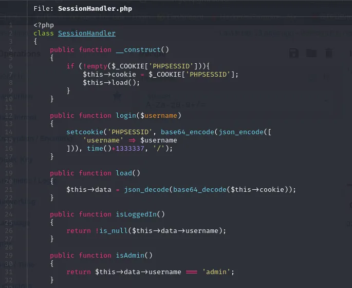 SessionHandler.php mostrando la lógica de la cookie PHPSESSID en Base64