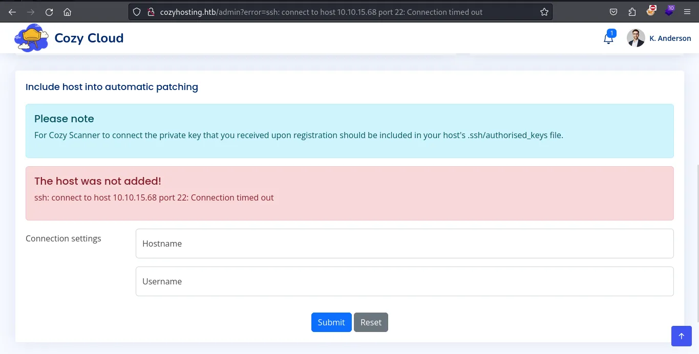 The admin panel connection form