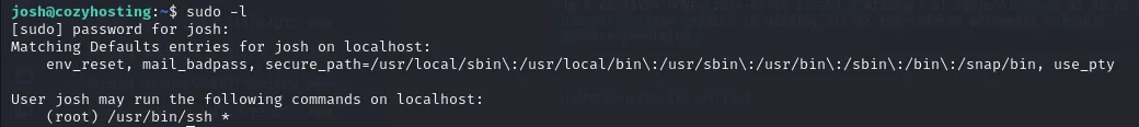sudo -l showing ssh can be run as root
