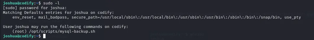 sudo -l mostrando el script mysql-backup.sh