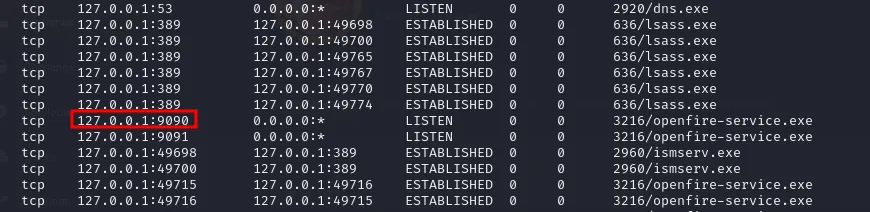netstat showing Openfire on localhost:9090