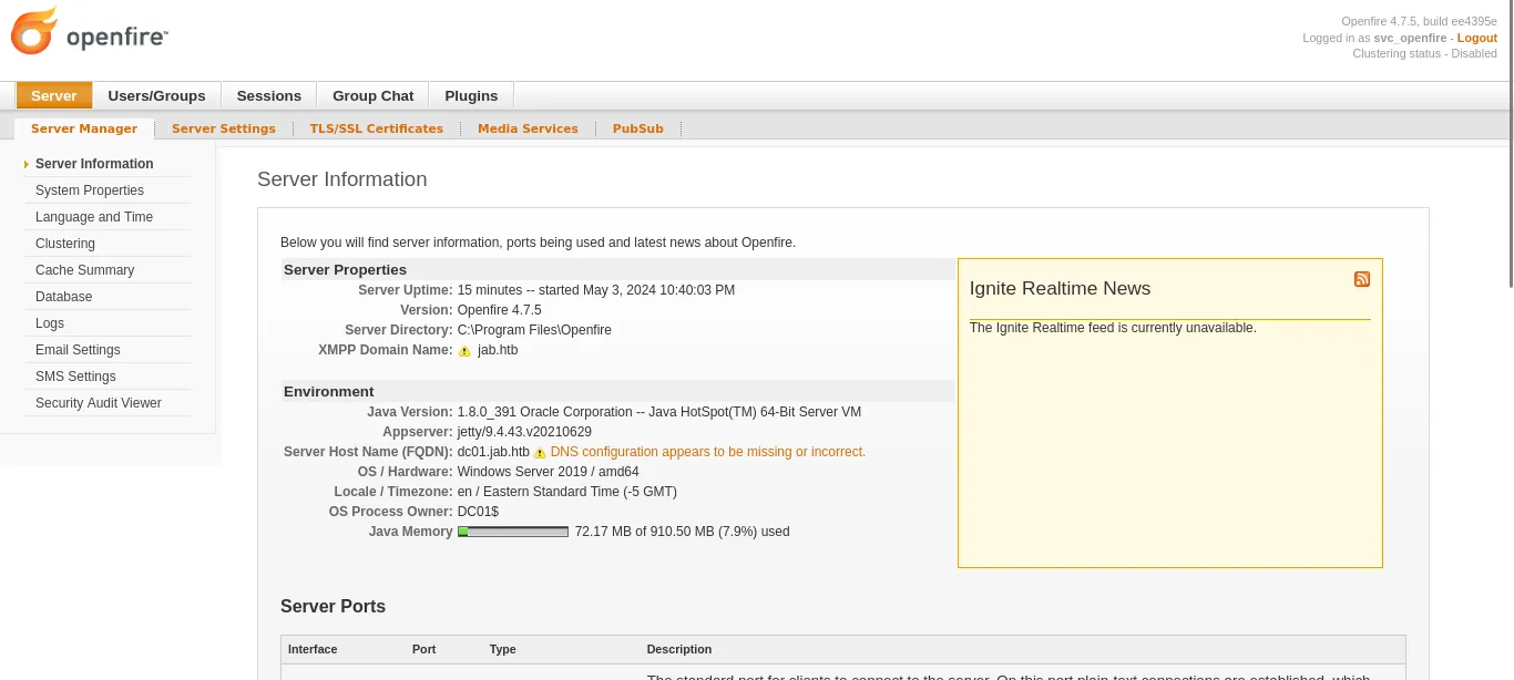 Openfire admin dashboard