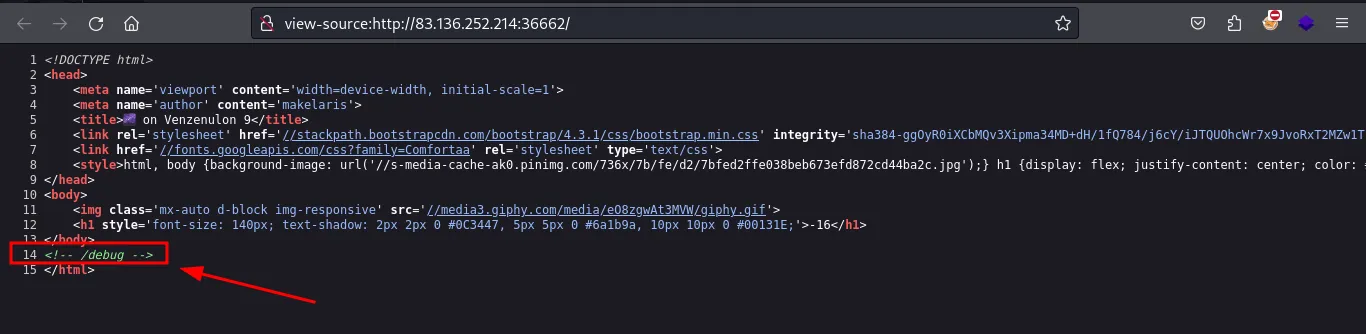 Page source revealing the HTML comment that points to the /debug route