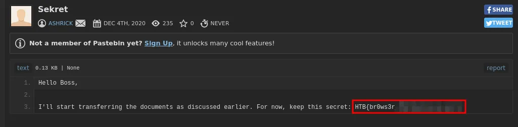 The unlocked Pastebin note revealing the flag