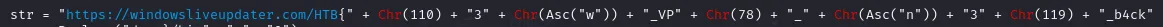 The macro code obfuscating characters with Chr()/Asc()