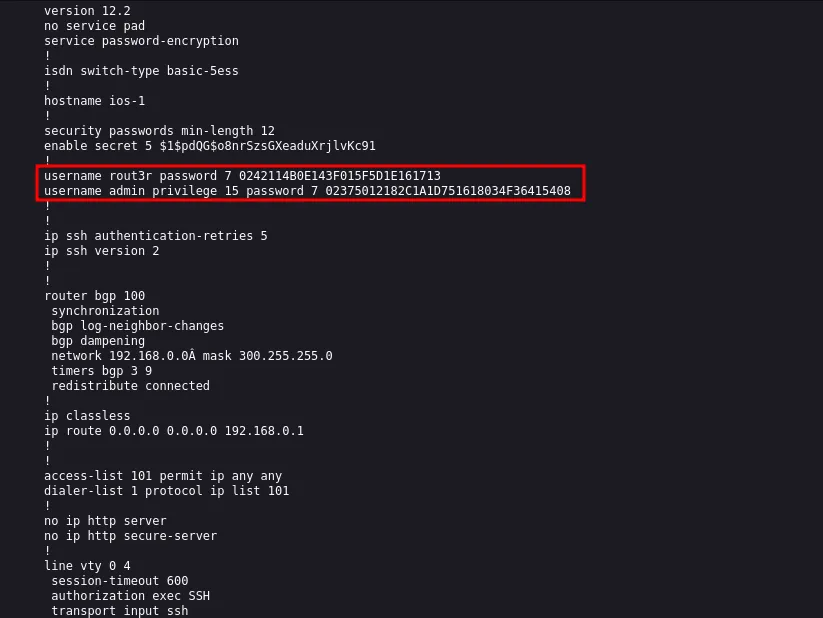 Archivo de configuración de router Cisco exponiendo hashes de contraseña