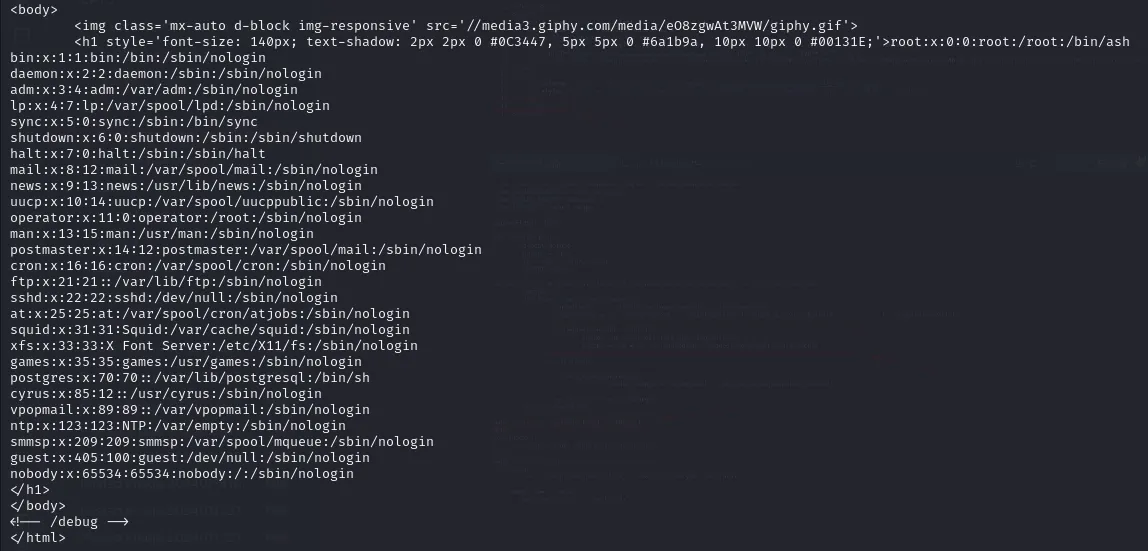Response leaking /etc/passwd through the code injection