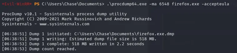 Volcando el proceso de Firefox con Procdump64.exe