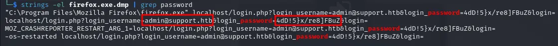 Credenciales de admin en texto plano dentro del volcado de memoria