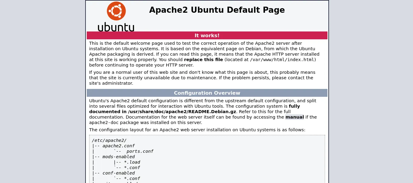 Página por defecto de Apache2 Ubuntu en el puerto 80