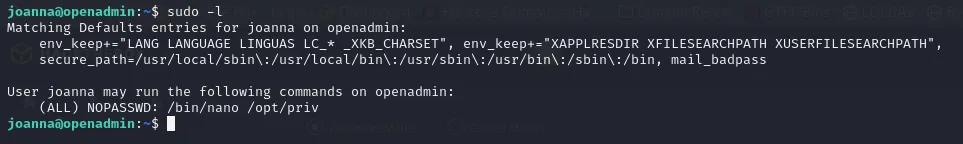 sudo -l mostrando que nano se puede ejecutar como root