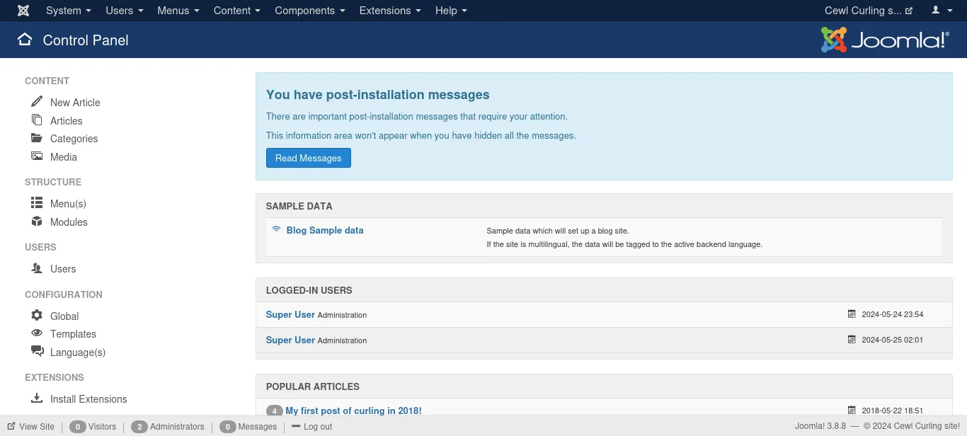Logged in to the Joomla administrator panel