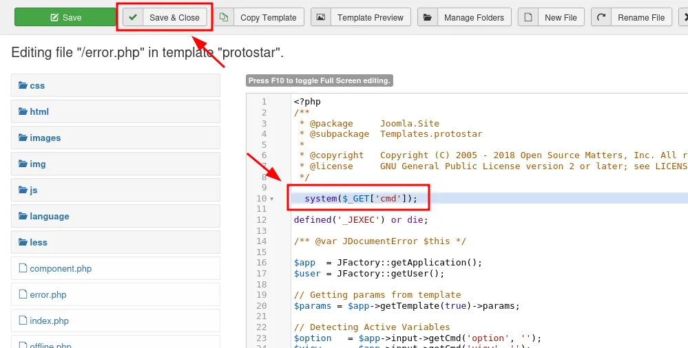 Inserting the PHP webshell payload
